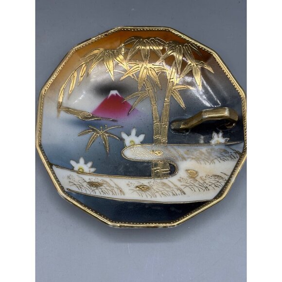 Vtg Hand Painted Japanese Porcelain Sugar Bowl Handled Saucer Set Gold Bamboo - Picture 3 of 8